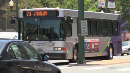 Bus at a street pole.