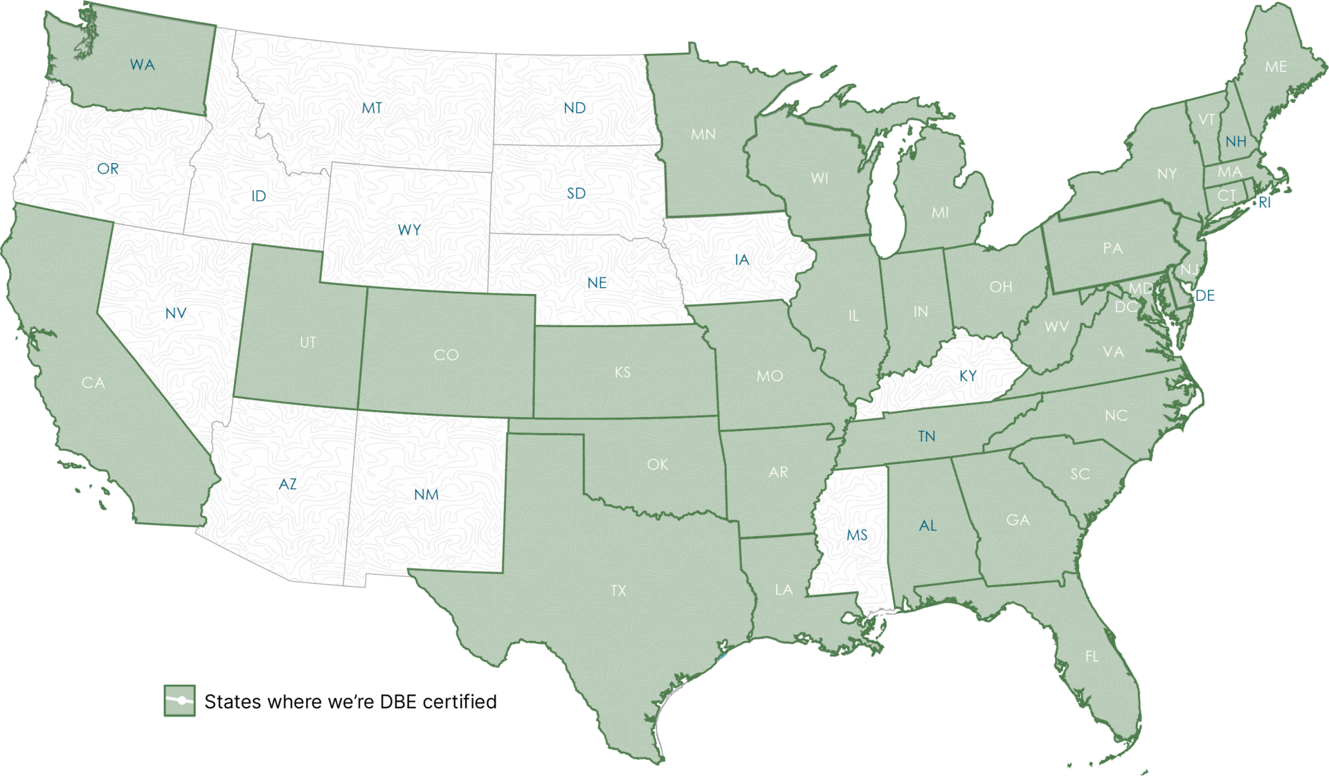 Map illustrating US states Foursquare ITP has DBE certification